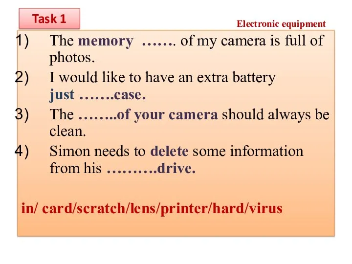 Electronic equipment The memory ……. of my camera is full of photos.