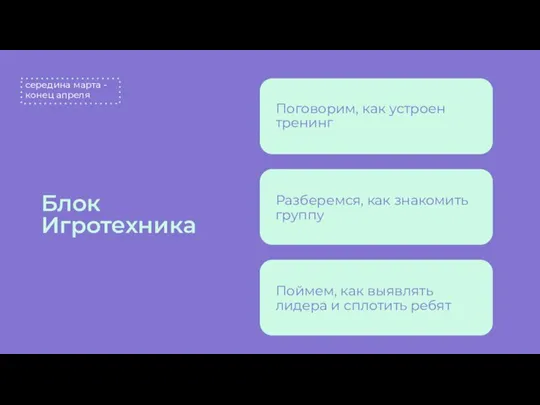 Блок Игротехника Поговорим, как устроен тренинг Разберемся, как знакомить группу Поймем, как