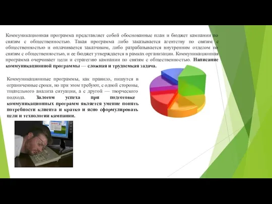 Коммуникационная программа представляет собой обоснованные план и бюджет кампании по связям с