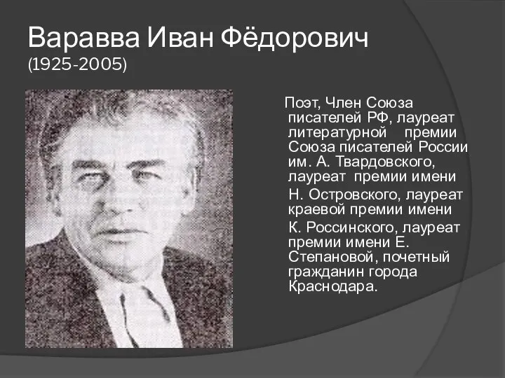 Варавва Иван Фёдорович (1925-2005) Поэт, Член Союза писателей РФ, лауреат литературной премии