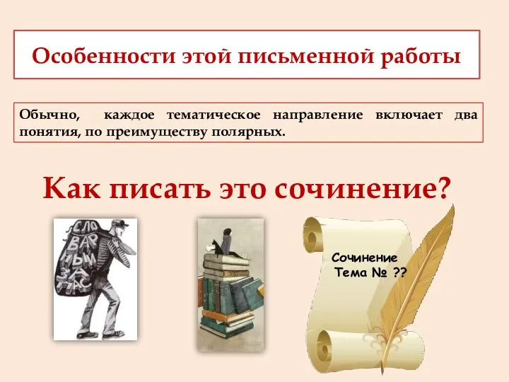 Особенности этой письменной работы Обычно, каждое тематическое направление включает два понятия, по