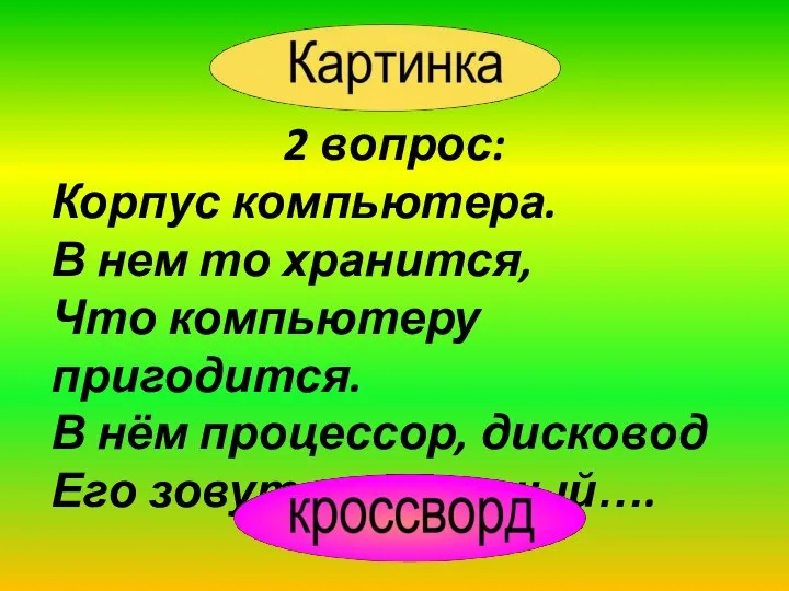 2 вопрос: Корпус компьютера. В нем то хранится, Что компьютеру пригодится. В