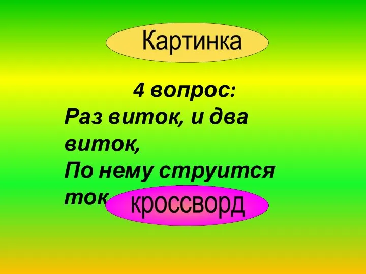 4 вопрос: Раз виток, и два виток, По нему струится ток.