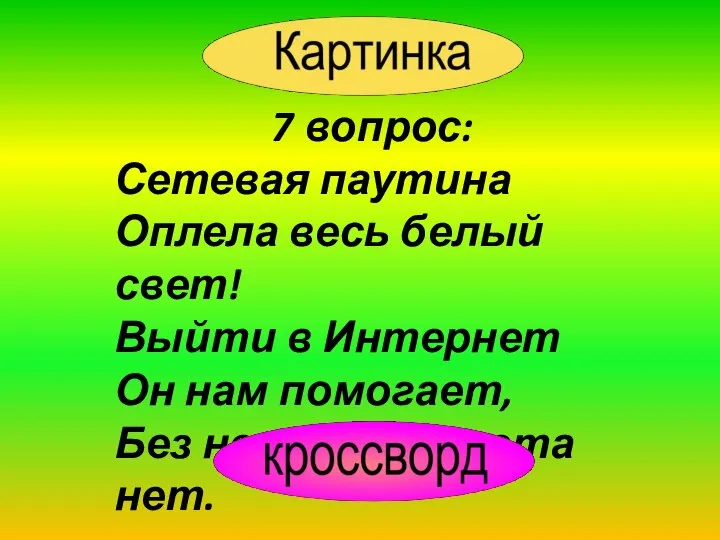 7 вопрос: Сетевая паутина Оплела весь белый свет! Выйти в Интернет Он