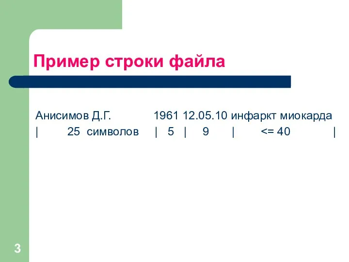 Пример строки файла Анисимов Д.Г. 1961 12.05.10 инфаркт миокарда | 25 символов