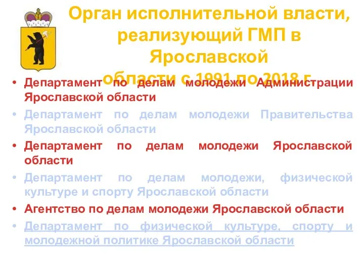 Орган исполнительной власти, реализующий ГМП в Ярославской области с 1991 по 2018