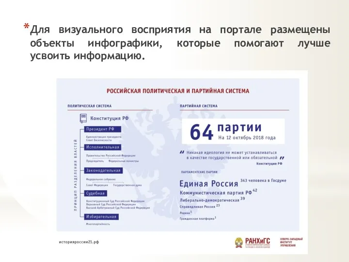 Для визуального восприятия на портале размещены объекты инфографики, которые помогают лучше усвоить информацию.