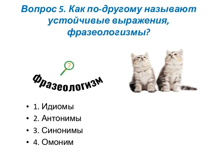 Вопрос 5. Как по-другому называют устойчивые выражения, фразеологизмы? 1. Идиомы 2. Антонимы 3. Синонимы 4. Омоним