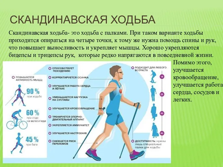 СКАНДИНАВСКАЯ ХОДЬБА Скандинавская ходьба- это ходьба с палками. При таком варианте ходьбы