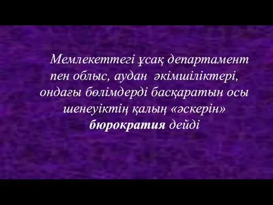 Мемлекеттегі ұсақ департамент пен облыс, аудан әкімшіліктері, ондағы бөлімдерді басқаратын осы шенеуіктің қалың «әскерін» бюрократия дейді