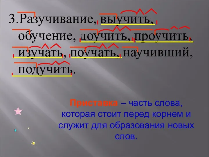 3.Разучивание, выучить, обучение, доучить, проучить, изучать, поучать, научивший, подучить. Приставка – часть