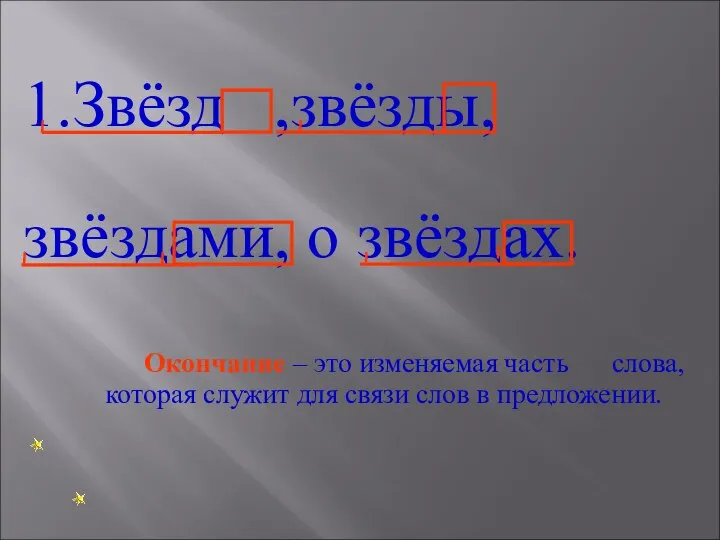 1.Звёзд ,звёзды, звёздами, о звёздах. Окончание – это изменяемая часть слова, которая