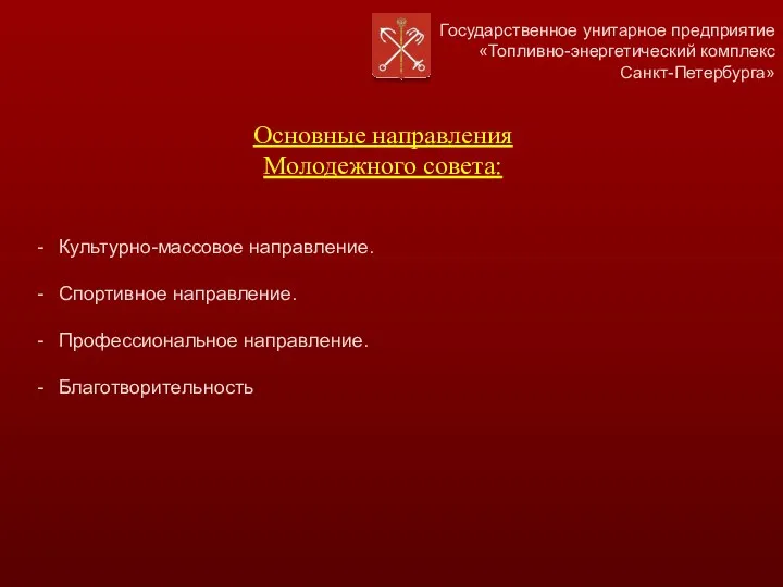 Государственное унитарное предприятие «Топливно-энергетический комплекс Санкт-Петербурга» Культурно-массовое направление. Спортивное направление. Профессиональное направление.