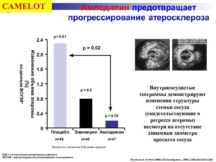 Nissen et al, for the CAMELOT investigators. JAMA. 2004;292:2217-2226. Плацебо Эналаприл Амлодипин