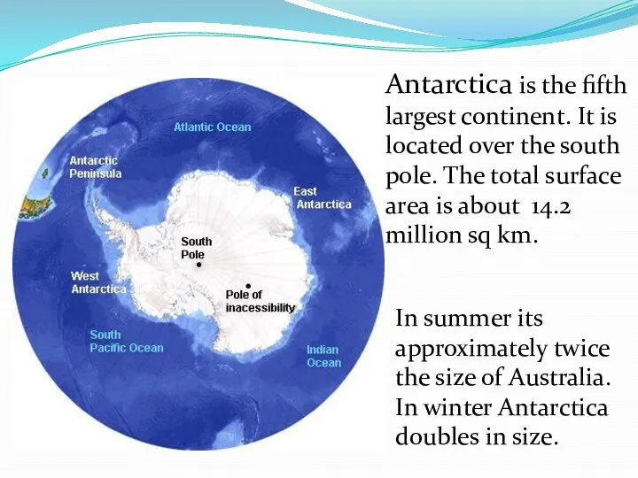 Antarctica is the fifth largest continent. It is located over the south