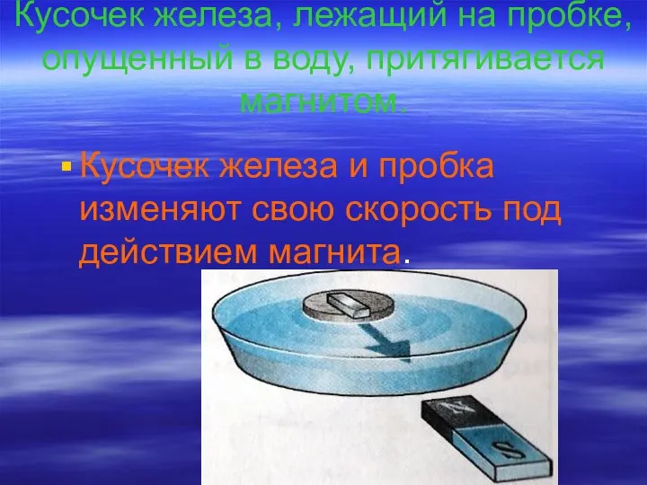 Кусочек железа, лежащий на пробке, опущенный в воду, притягивается магнитом. Кусочек железа