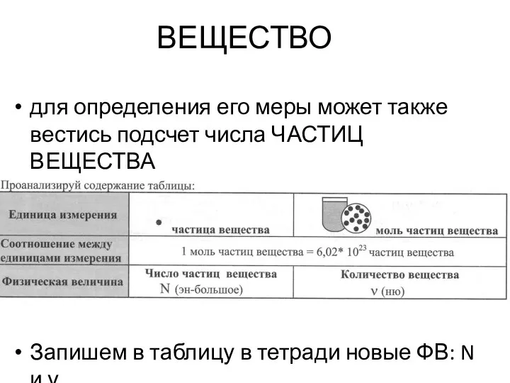 ВЕЩЕСТВО для определения его меры может также вестись подсчет числа ЧАСТИЦ ВЕЩЕСТВА