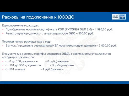 Расходы на подключение к ЮЗЭДО Единовременные расходы: Приобретение носителя сертификата КЭП (РУТОКЕН