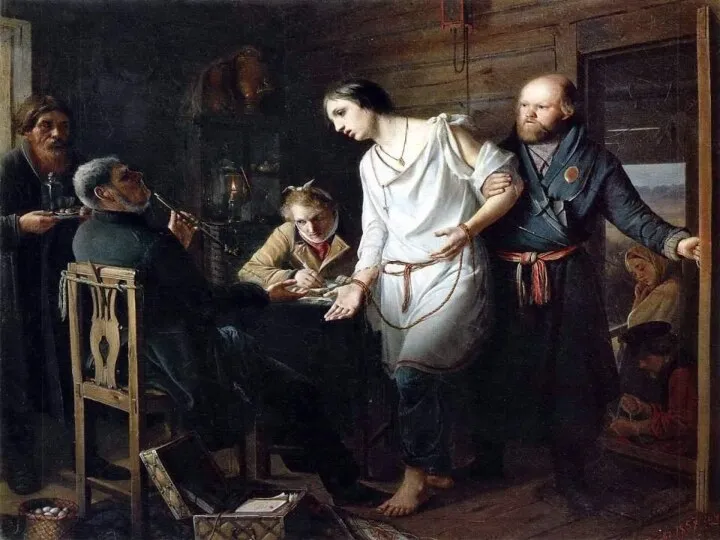 В самой ранней из известных нам картин «Приезд станового на следствие» (1857)