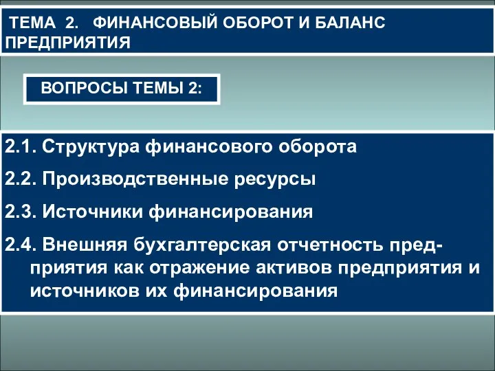 ТЕМА 2. ФИНАНСОВЫЙ ОБОРОТ И БАЛАНС ПРЕДПРИЯТИЯ 2.1. Структура финансового оборота 2.2.