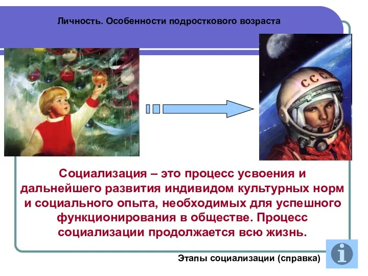 Личность. Особенности подросткового возраста Социализация – это процесс усвоения и дальнейшего развития