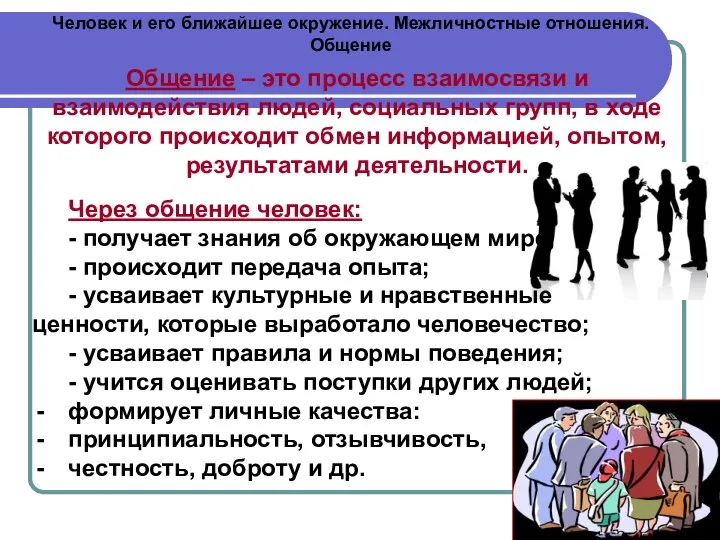 Человек и его ближайшее окружение. Межличностные отношения. Общение Общение – это процесс