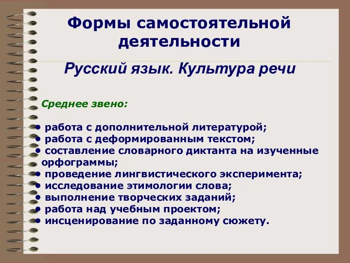 Формы самостоятельной деятельности Русский язык. Культура речи Среднее звено: работа с дополнительной