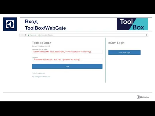 Вход ToolBox/WebGate Username (имя пользователя, то что пришло на почту) Password (пароль,