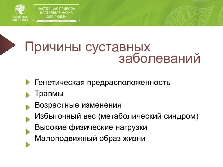 Причины суставных заболеваний Генетическая предрасположенность Травмы Возрастные изменения Избыточный вес (метаболический синдром)