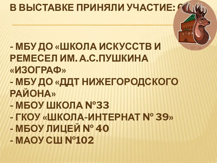 В ВЫСТАВКЕ ПРИНЯЛИ УЧАСТИЕ: 6 ОУ - МБУ ДО «ШКОЛА ИСКУССТВ И