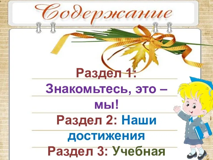 Раздел 1: Знакомьтесь, это – мы! Раздел 2: Наши достижения Раздел 3: