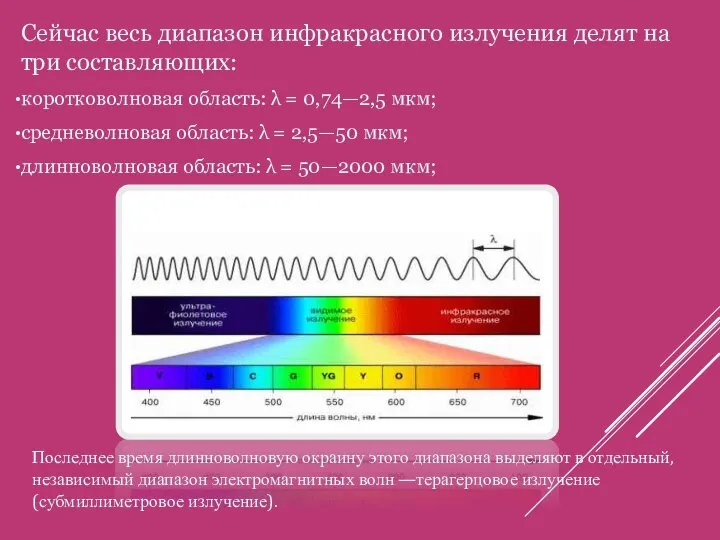 Сейчас весь диапазон инфракрасного излучения делят на три составляющих: коротковолновая область: λ