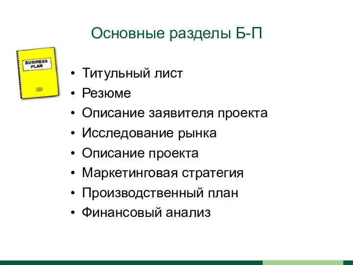 Основные разделы Б-П Титульный лист Резюме Описание заявителя проекта Исследование рынка Описание