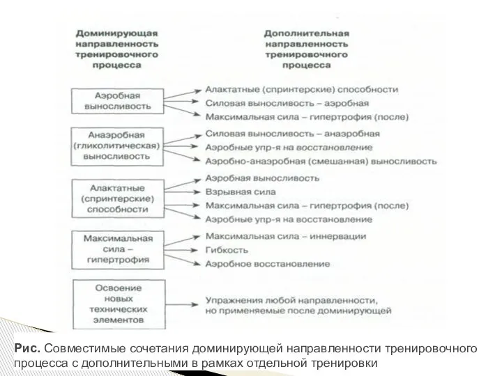 Рис. Совместимые сочетания доминирующей направленности тренировочного процесса с дополнительными в рамках отдельной тренировки