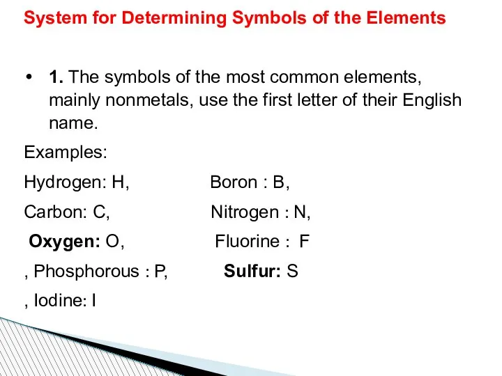 System for Determining Symbols of the Elements 1. The symbols of the