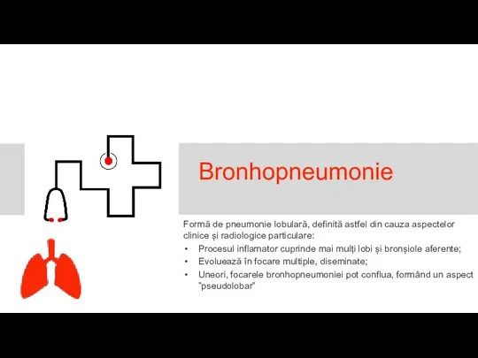 Bronhopneumonie Formă de pneumonie lobulară, definită astfel din cauza aspectelor clinice și