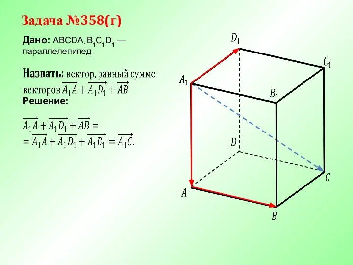 Задача №358(г) Дано: ABCDA1B1C1D1 —параллелепипед Решение: