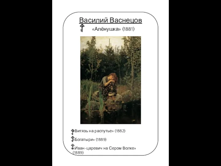 11 Василий Васнецов «Алёнушка» (1881) «Витязь на распутье» (1882) «Богатыри» (1889) «Иван-царевич на Сером Волке» (1889)