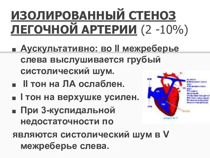 ИЗОЛИРОВАННЫЙ СТЕНОЗ ЛЕГОЧНОЙ АРТЕРИИ (2 -10%) Аускультативно: во II межреберье слева выслушивается