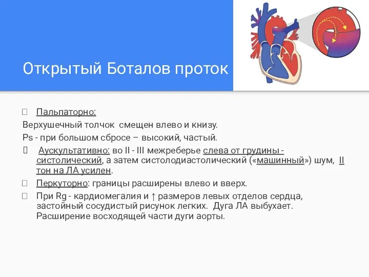 Открытый Боталов проток Пальпаторно: Верхушечный толчок смещен влево и книзу. Ps -