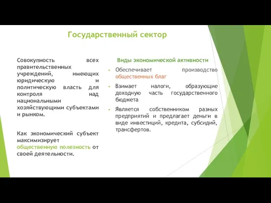 Государственный сектор Виды экономической активности Обеспечивает производство общественных благ Взимает налоги, образующие