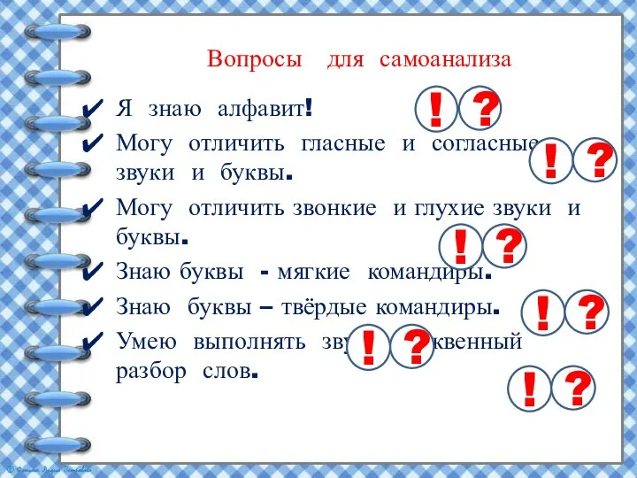 Вопросы для самоанализа Я знаю алфавит! Могу отличить гласные и согласные звуки