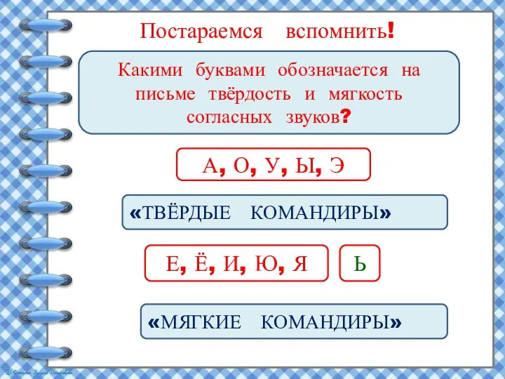 Постараемся вспомнить! Какими буквами обозначается на письме твёрдость и мягкость согласных звуков?