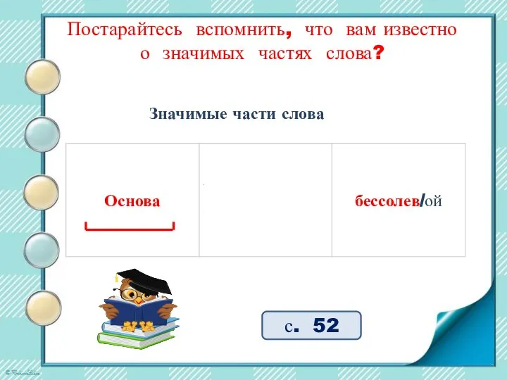 Постарайтесь вспомнить, что вам известно о значимых частях слова? с. 52 Значимые части слова