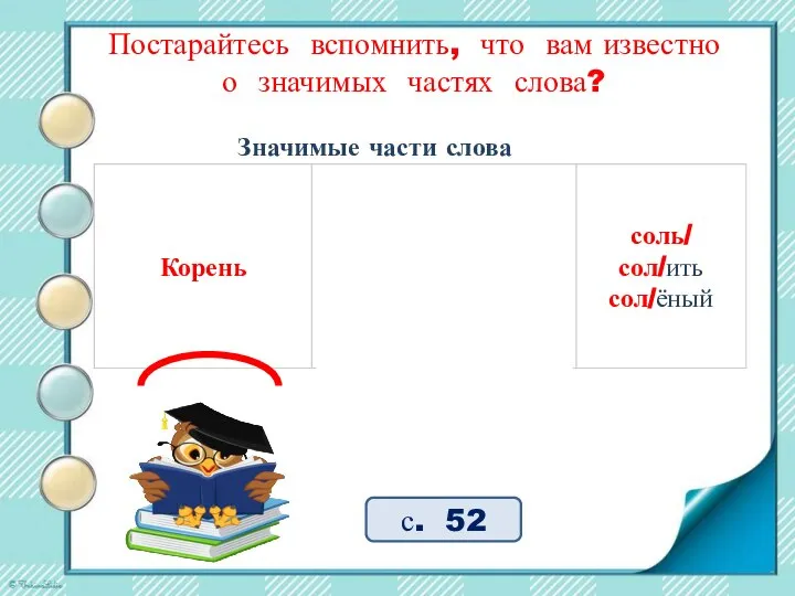 Постарайтесь вспомнить, что вам известно о значимых частях слова? Значимые части слова с. 52