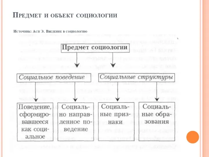 Предмет и объект социологии Источник: Асп Э. Введение в социологию