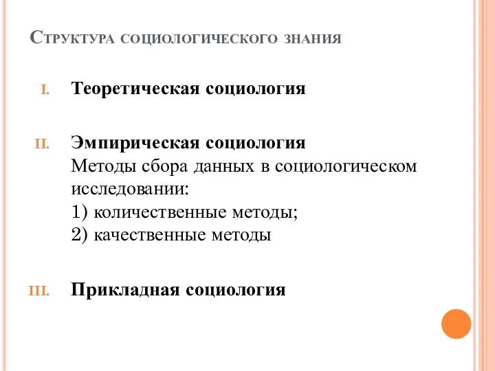 Структура социологического знания Теоретическая социология Эмпирическая социология Методы сбора данных в социологическом