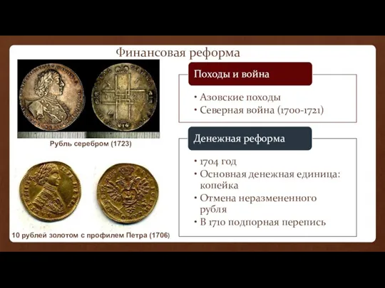 Рубль серебром (1723) 10 рублей золотом с профилем Петра (1706) Финансовая реформа