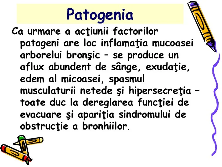 Patogenia Ca urmare a acţiunii factorilor patogeni are loc inflamaţia mucoasei arborelui