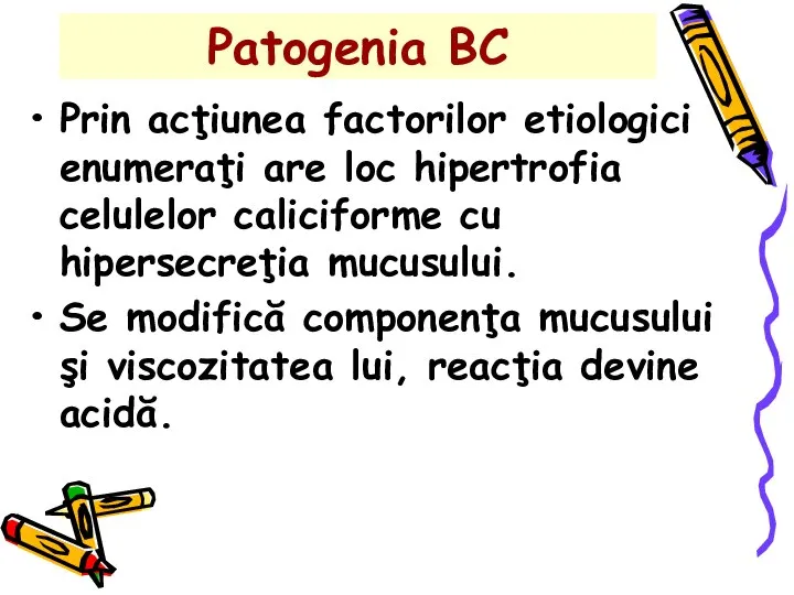 Patogenia BC Prin acţiunea factorilor etiologici enumeraţi are loc hipertrofia celulelor caliciforme